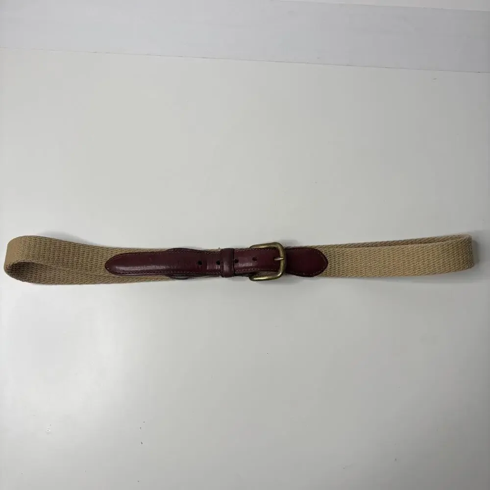 LL Bean Beige & Brown Fabric & Leather Belt Men 40 USA Made Classic Brass Buckle